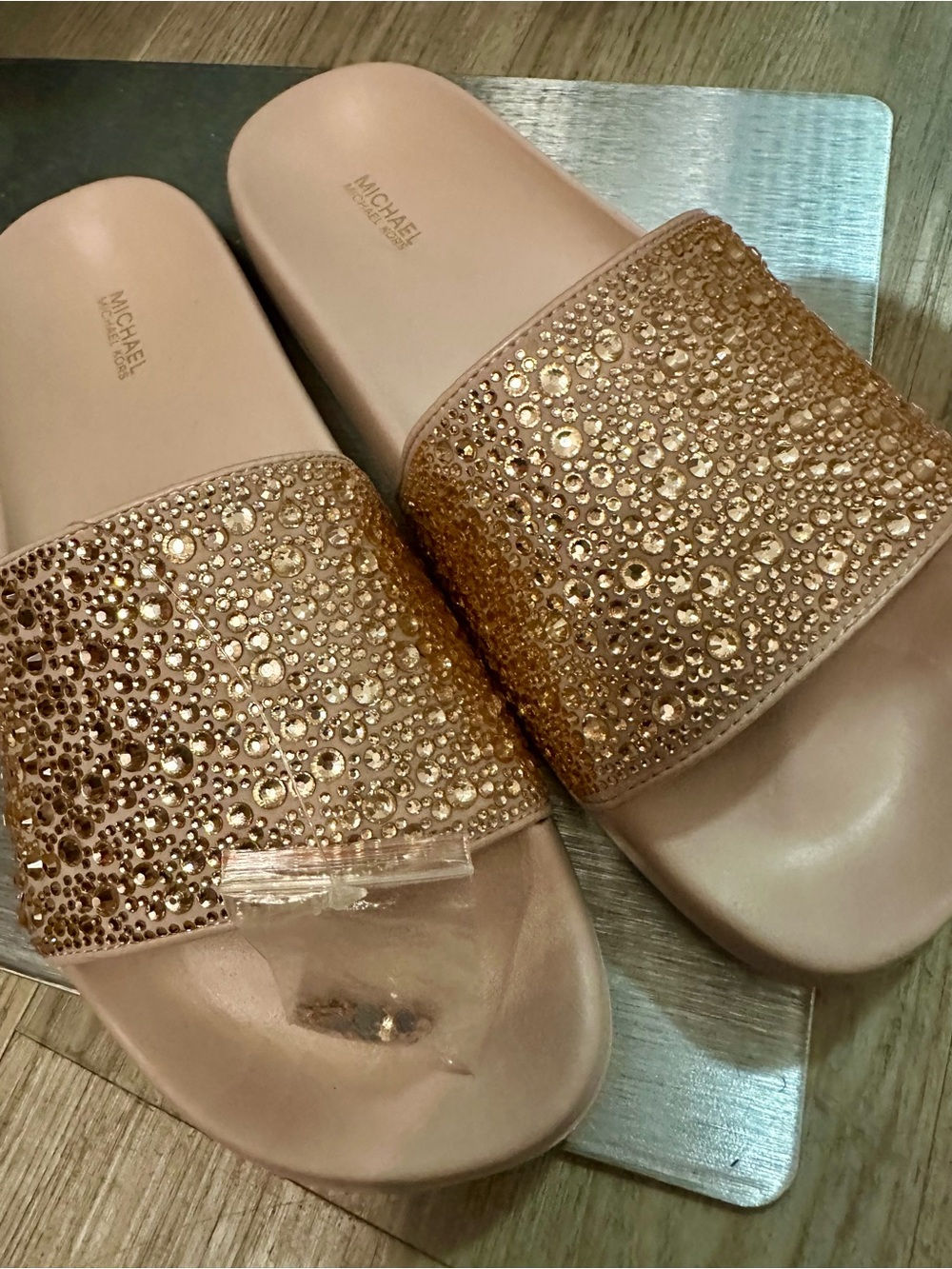 Michael Kors Rose Gold Crystal Slide Sandals US 10